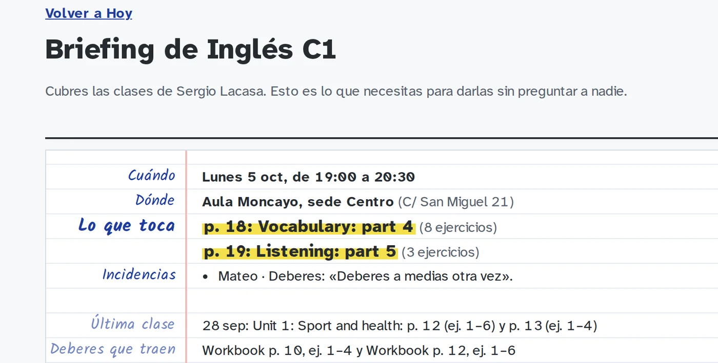 El briefing que recibe el sustituto de un grupo de Inglés C1